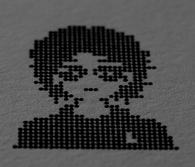 A pixelated portrait of a person's face and shoulders rendered in black dots against a gray background, appearing as a stylized, low-resolution digital artwork—fitting the post's commentary on NFTs and pixel-art style digital art being embraced by mainstream ("normie") audiences as legitimate art.