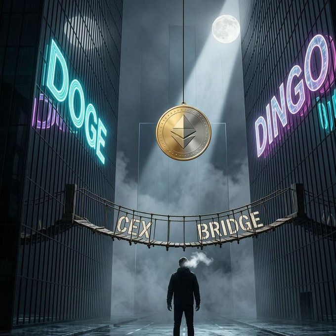 A dramatic digital illustration of a hooded figure standing in a dark urban canyon looking up at an Ethereum (ETH) coin suspended above a rope bridge labeled 'CEX BRIDGE', with neon 'DOGE' and 'DINGO' signs on the buildings.