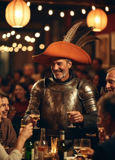The image shows a man dressed as a knight, wearing an orange hat, standing at a table with wine glasses and bottles of alcohol. The scene takes place around a dining table where several people are gathered for dinner or a social event. The atmosphere appears lively and festive, with guests enjoying their time together while sipping on drinks and engaging in conversation.