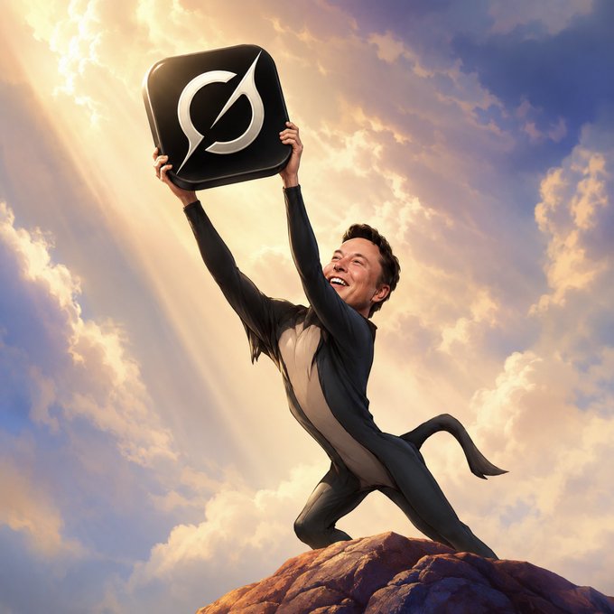 A man triumphantly hoists a black square emblazoned with a stylized "G" logo above his head while standing on a rocky peak against a dramatic sky, embodying the triumphant arrival of Grok as declared in "The Grok era has begun."