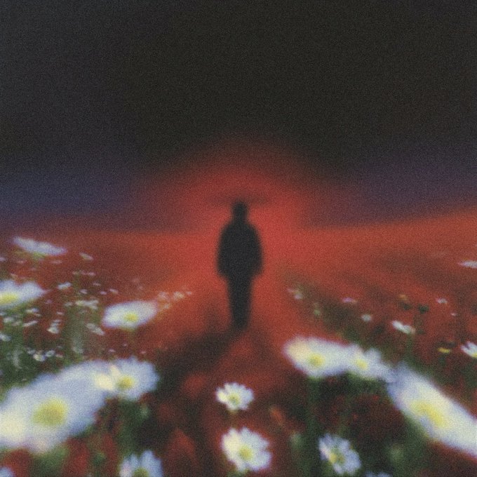 A blurry, dreamlike illustration depicts a lone silhouetted figure walking through a field of white daisies against a deep red and black background.