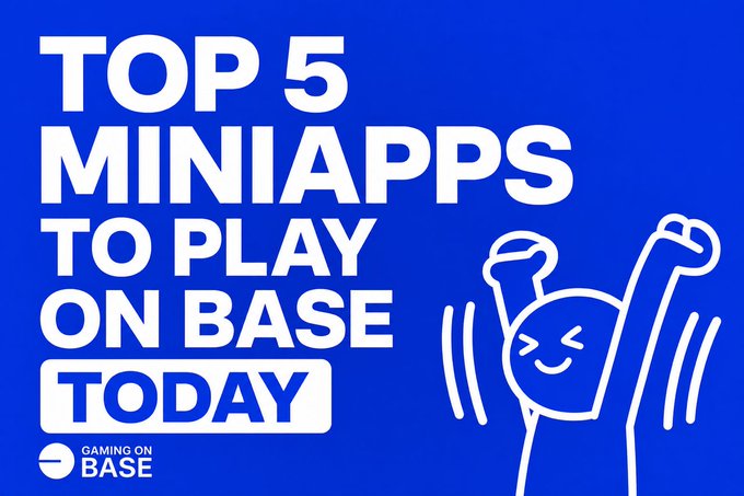 A blue promotional graphic from 'Gaming on Base' titled 'TOP 5 MINIAPPS TO PLAY ON BASE TODAY' featuring a simple line-drawn character with raised arms.