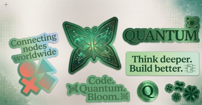 A collection of green-themed quantum computing stickers and graphics featuring the words "QUANTUM," "Think deeper. Build better.," "Connecting nodes worldwide," and "Code. Quantum. Bloom." alongside butterfly and atomic icons. The design visually reinforces the post's message about Quip Network's mission to simplify quantum computing by connecting nodes and building better, more adaptable technology.