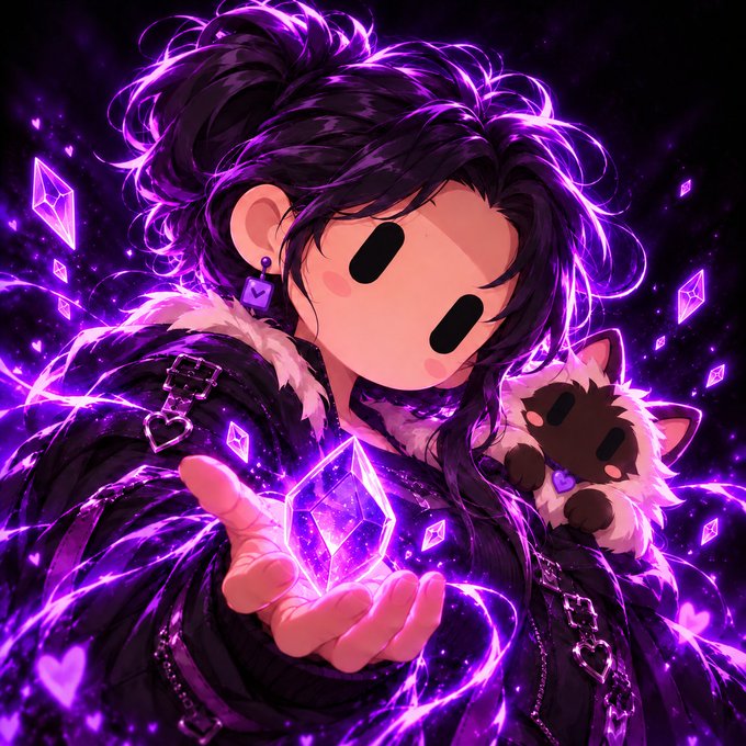 Digital anime-style artwork of a character with purple hair holding a glowing crystal, with a small raccoon-like creature on their shoulder, surrounded by purple energy and floating crystals.