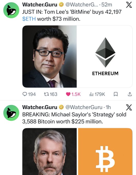 Two tweets from Watcher.Guru: one reporting Tom Lee's 'BitMine' bought 42,197 ETH worth $73 million, and another reporting Michael Saylor's 'Strategy' sold 3,588 Bitcoin worth $225 million.