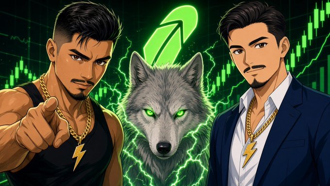 Two cartoon men wearing gold lightning bolt pendants flank a glowing-eyed wolf beneath a green "VOLTAGE" lightning bolt logo, set against a rising cryptocurrency candlestick chart—visually embodying the electric, adrenaline-fueled energy referenced in the post about @vladtenev.