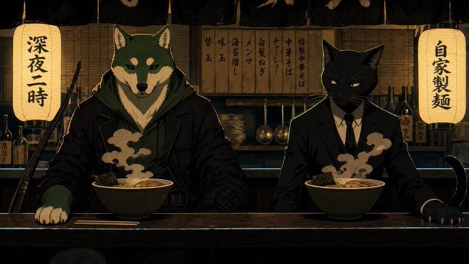 An anime-style illustration depicts a wolf-like character in a green hoodie and a black cat in a suit sitting at a Japanese ramen bar counter with steaming bowls of noodles, surrounded by lanterns reading "深夜一時" and "自家製麺".