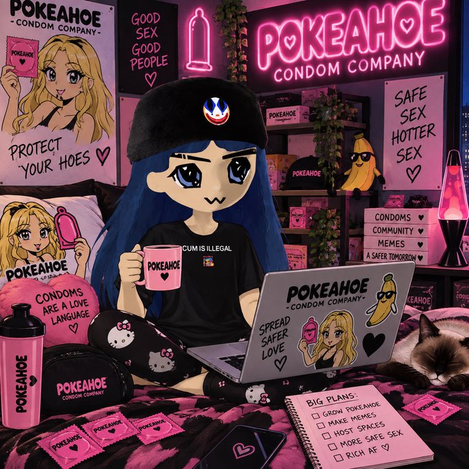 A pink-themed anime-style illustration advertising "POKEAHOE CONDOM COMPANY" with a blue-haired character surrounded by branded merchandise including mugs, stickers, and posters.