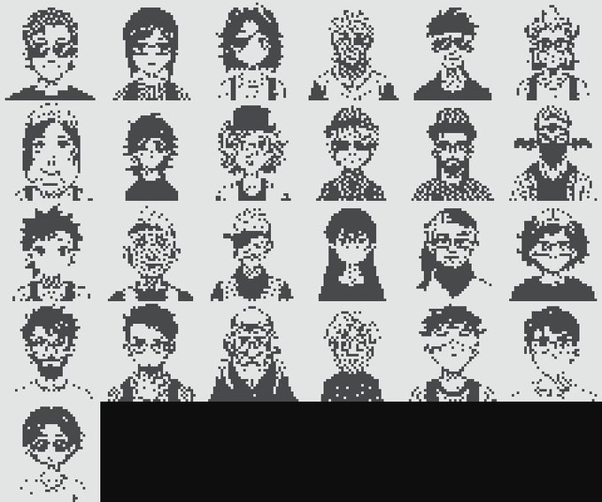 A grid of pixel art portraits depicting various characters in black and white, arranged in rows on a gray background.