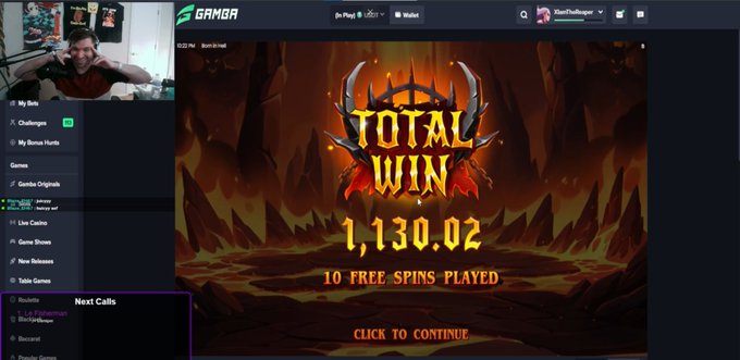 A streamer celebrates a "TOTAL WIN" of 1,130.02 on the "Born in Hell" slot game after 10 free spins, displayed on the Gamba platform, matching the post announcing a giveaway to celebrate the lucky hit.
