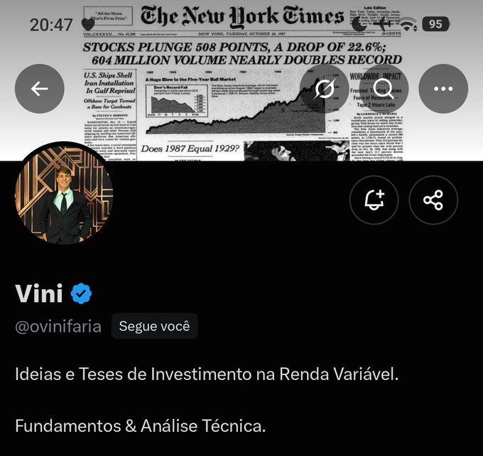 A screenshot of an Instagram profile for 'Vini' (@ovinifaria) discussing investment ideas and theses in variable income, overlaid on a New York Times front page about a 508-point stock plunge.