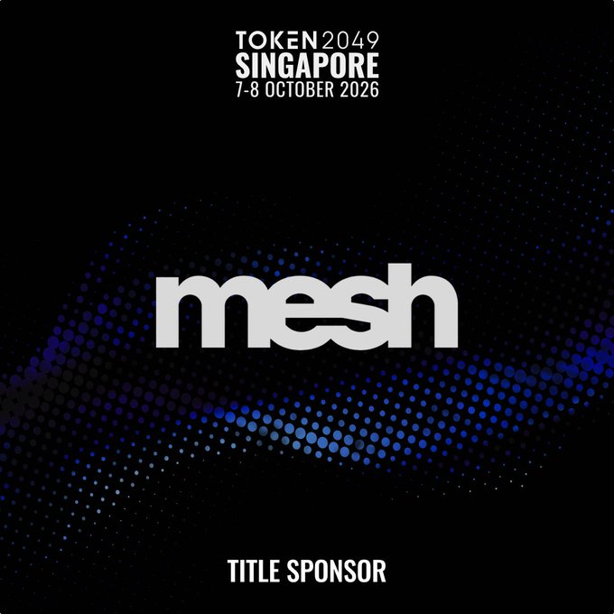 Promotional graphic for TOKEN2049 Singapore (7–8 October 2026) featuring Mesh as the Title Sponsor, displaying the Mesh logo against a black background with a blue halftone dot pattern and "TITLE SPONSOR" text at the bottom.