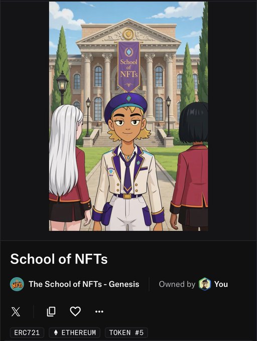 An NFT listing for 'The School of NFTs - Genesis' showing an anime-style character in a school uniform standing before a building labeled 'School of NFTs', marked as ERC721, Ethereum, Token #5.