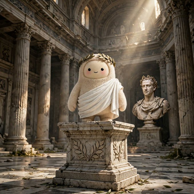 A cute, fluffy cartoon character wearing a white toga and a golden laurel wreath, standing on a classical stone pedestal in an ancient Roman-style temple.