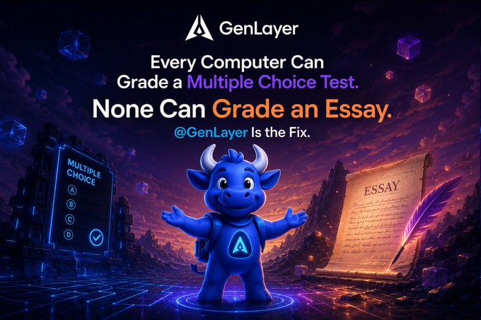 A promotional graphic for GenLayer featuring a blue bull mascot between a multiple choice test interface and an essay scroll, with the text 'Every Computer Can Grade a Multiple Choice Test. None Can Grade an Essay. @GenLayer Is the Fix.'