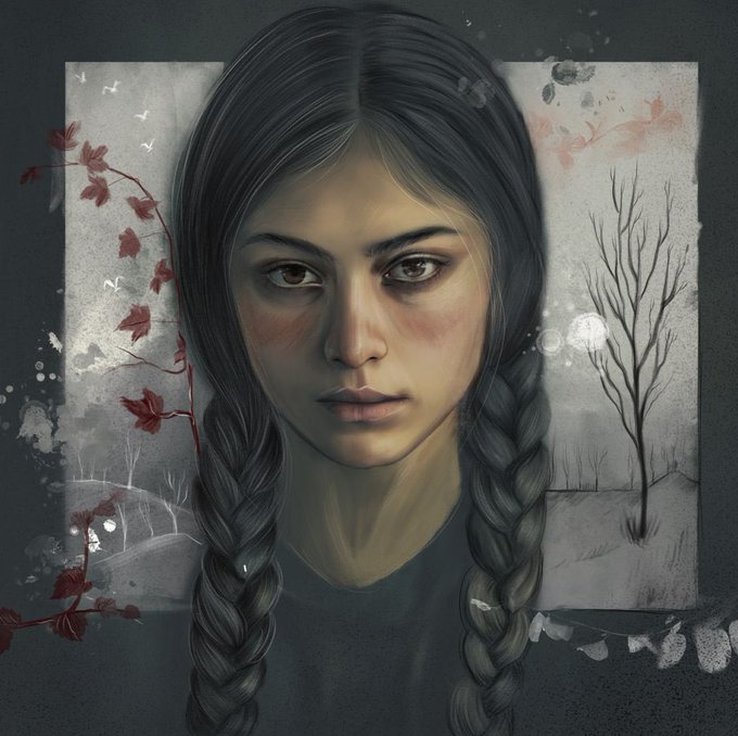 A digital portrait of a young woman with long dark braided hair, freckles, and a melancholic expression, set against a mixed-media background featuring red leafy branches and a bare winter tree. The introspective artwork complements the emotional gratitude expressed in the post to @basileus_eth.