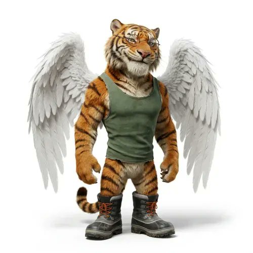 The image features a tiger character, possibly from the movie Animal Planet. The tiger has large wings, an athletic build with big muscles, and it is wearing boots and a green shirt. It appears to be posed against a white background for creative artistic purposes or as a part of promotional content. In the accompanying post, it says that " BRAINROT #4284" has been sold for 0.05 ETH (85 cents), which might indicate the monetary value placed on this unique image featuring a tiger with wings and muscles.
