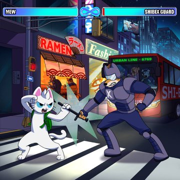 On a city street at night with "RAMEN" and "Fashi" signs, the character Mew (a white cat with a sword) fights the "Shirex Guard" (a blue armored figure) in a fighting game, with health bars displayed at the top, illustrating the battle hinted at by the text "mew will win…".