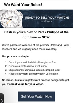 An advertisement with the headline 'We Want Your Rolex!' asking to sell a Rolex or Patek Philippe watch, with a four-step process and a 'Sell Your Watch Now' button.