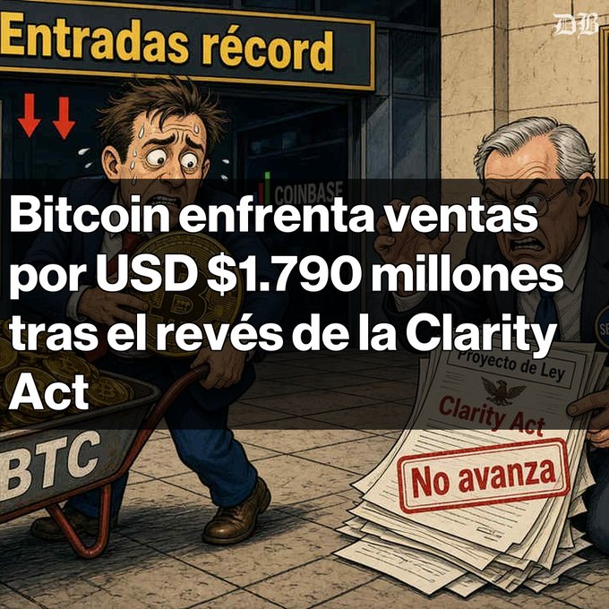 A Spanish-language graphic with the headline 'Entradas récord' and text reading 'Bitcoin enfrenta ventas por USD $1.790 millones tras el revés de la Clarity Act', depicting a stressed man pushing a BTC wheelbarrow beside a worried man reading a 'Clarity Act - No avanza' document.