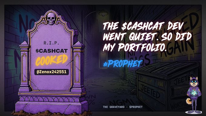 A comic-style graveyard scene features a purple tombstone inscribed "R.I.P. $CASHCAT COOKED @Zenox242551" alongside bold text reading "THE $CASHCAT DEV WENT QUIET. SO DID MY PORTFOLIO. #PROPHET," with a defeated cartoon cat character standing next to a dumpster — perfectly capturing the meme's lament over the $CASHCAT token's collapse and the failed "purr-to-profit" gamble with Zenox.