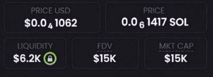The image shows a trading dashboard with a token priced at $0.041062 USD (0.00061417 SOL), featuring a market cap and FDV of $15K and $6.2K locked liquidity with a green padlock icon. This aligns with the post's promotion of an undisclosed memecoin at a $15K market cap, suggesting the dashboard is displaying the metrics of that hidden token to attract potential buyers.
