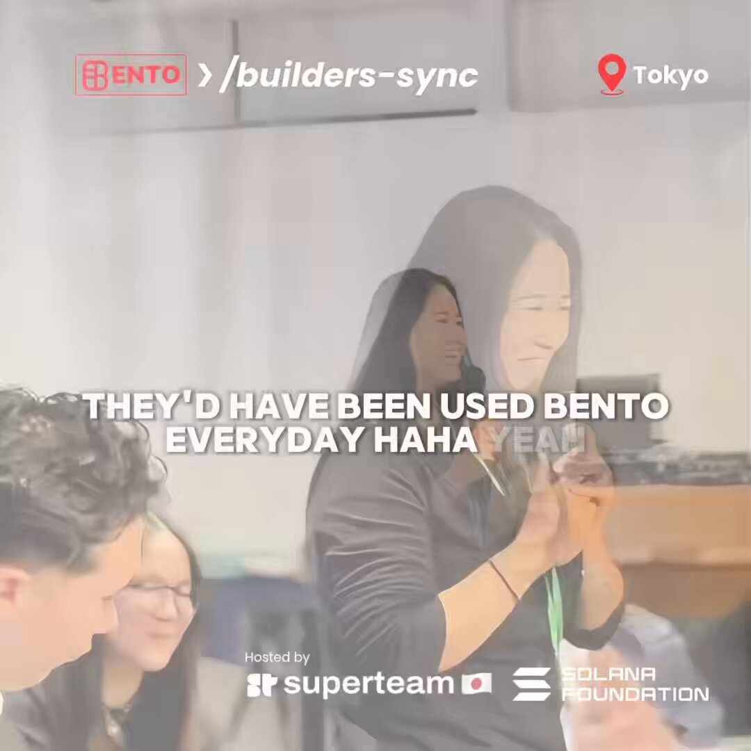The image features a woman standing next to a group of people, all smiling as they watch her prepare food together. The text "They'd have been used bento every day haa" can be seen in the image, which seems to be related to the post about builders-sync and @SuperteamJapan x @SolanaFndn.