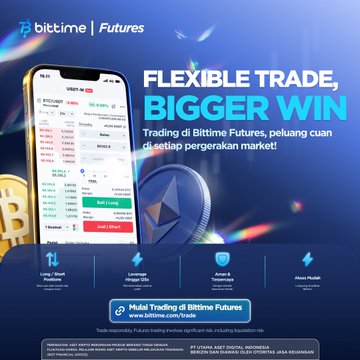 A digital advertisement for 'bittime | Futures' promoting crypto futures with 'Low/Short Protection,' 'Leverage 10X-125X,' 'Access Transaction,' and 'Asset Multi' features in the Indonesian market.
