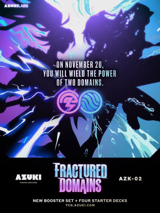 Promotional image for Azuki TCG's "Fractured Domains" set (AZK-02), announcing a November 20 release for a new booster set plus four starter decks, featuring two silhouetted characters emanating purple lightning and blue water energy around twin elemental domain emblems, tying into the post's teaser about wielding the power of two domains.