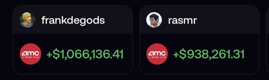 The image shows two profile cards on a dark background: "frankdegods" with an avatar displaying +$1,066,136.41 in green, and "rasmr" with an avatar showing +$938,261.31, both profits attributed to the AMC (A Meme Coin) token logo. The post's caption frames this as a showdown between two crypto traders who are each up nearly $1 million on a thinly-traded meme coin, questioning which one will exit their position first and cause the other's gains to collapse.