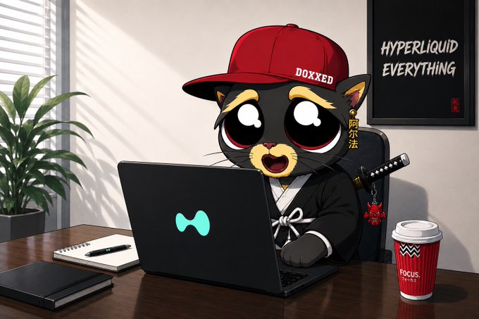 An animated illustration of a black cat wearing a red 'DOXXED' cap and a black robe with a katana, working on a laptop in an office setting with a poster reading 'HYPERLIQUID EVERYTHING' and Asian text '阿尔法'.