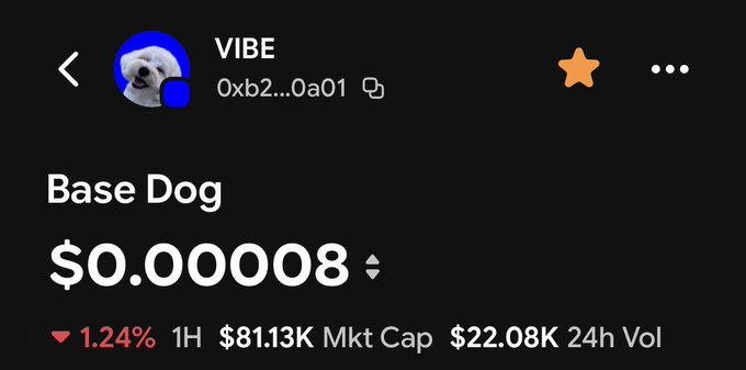 A cryptocurrency trading interface displays the token VIBE (Base Dog) priced at $0.000008, showing a 1.24% decline, $81.13K market cap, and $22.08K 24h trading volume.