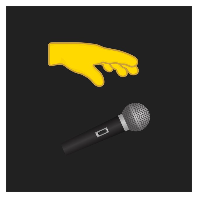 A simple illustration on a black background featuring a yellow cartoon-style hand pointing downward at a black and silver handheld microphone.