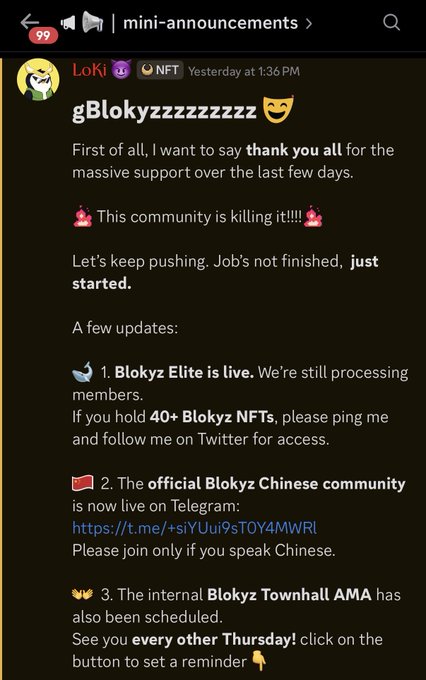 The image shows a Discord announcement in the mini-announcements channel from user "LoKi" (@lokithebird) in the "NFT Yesterday at 1:36 PM," titled "gBlokyzzzzzzzz" with updates including Blokyz Elite being live, an official Blokyz Chinese community on Telegram, and a biweekly Blokyz Townhall AMA. The post highlights LoKi's strong community management for the @OriginalBlokyz NFT project, aligning with the accompanying caption's praise for community-focused efforts.