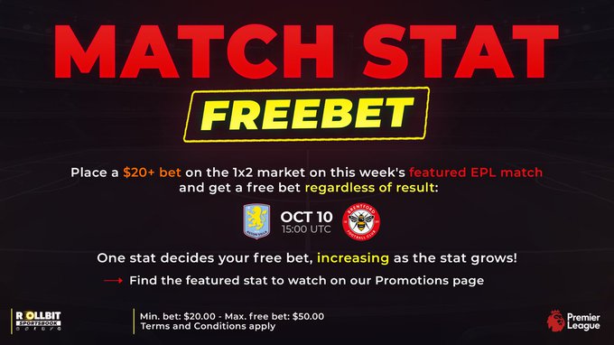 A promotional advertisement for a 'Match Stat Freebet' from Rollbit, encouraging a $20+ bet on the 1x2 market for the Aston Villa vs Brentford EPL match on October 10 at 15:00 UTC.