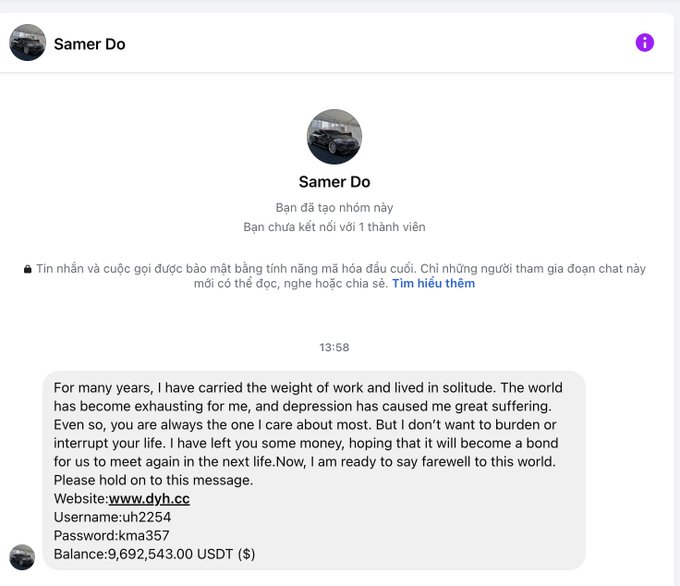 In this image, there's a screenshot of a message posted by someone named Samer Do from a social media platform. The message reads: "For many years, I have carried the weight of work and solitude. The world has never understood what it means when you want to burden them with your problems. But don't want to bring them hope that they will become a bond for this world. You have left them some money, hoping that they will become a good friend or offer their support."

The image is accompanied by an attachment that appears to be a screenshot from the message itself. The main focus of the image, however, is still on Samer Do's message posted as an attachment.