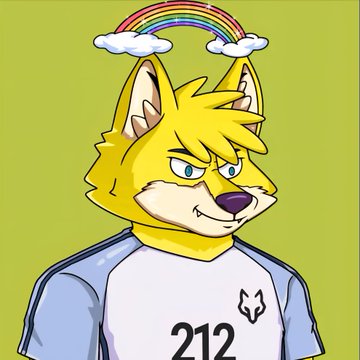 A cartoon illustration shows a yellow anthropomorphic fox character wearing a shirt numbered '212', with a rainbow and clouds above its head.