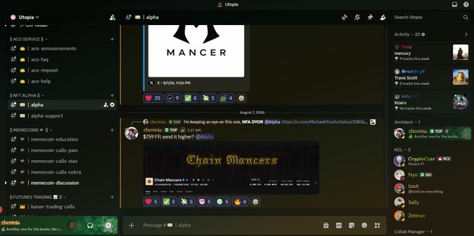 A Discord server interface showing the #alpha channel featuring "Mancer" logo and a post about Chain Mancers with NEAR DYDX pricing information.