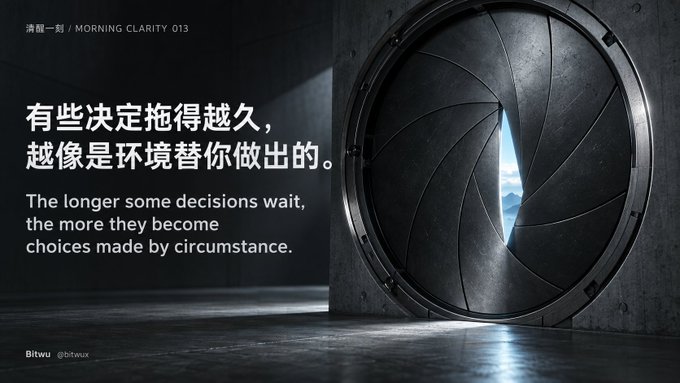 A 'Morning Clarity 013' quote graphic by Bitwu (@btwux) featuring Chinese and English text: 'The longer some decisions wait, the more they become choices made by circumstance,' displayed next to an image of a vault door opening to a mountain landscape.