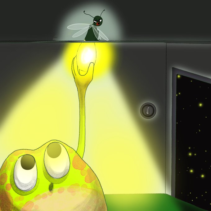 A digital illustration showing a green slug-like creature extending upward to grab a glowing firefly, while a small insect watches from above against a dark, starry background.