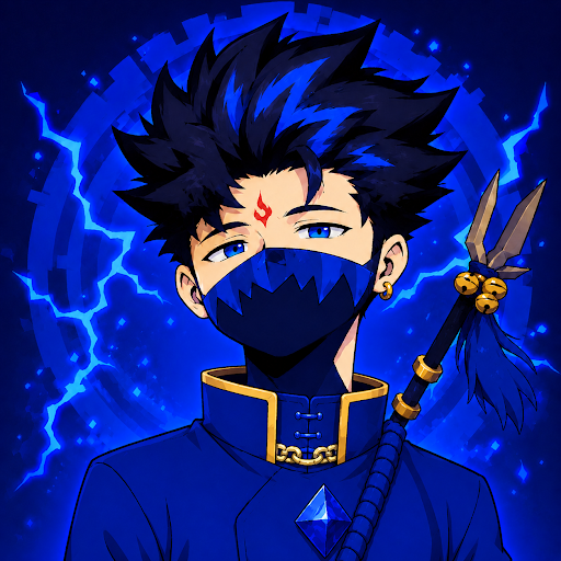 An anime-style ninja character with spiky dark hair, a red forehead mark, and a face mask, holding a spear against a glowing blue lightning background. The image serves as a mystical warrior avatar for the Arcions NFT giveaway post, fitting the "ninja" theme of the collection being promoted.