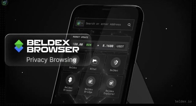 Beldex Browser advertisement featuring a smartphone interface showing BelDex ecosystem apps (Beldex Browser, Bridge, Explorer, BCNet, BelNet, BelDex) and a market update of 100.00 BDX = 8.1600 USDT.