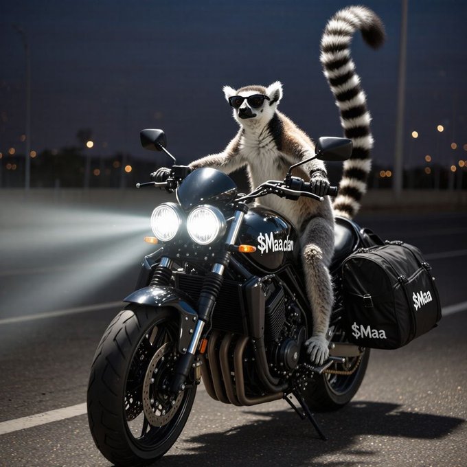 The image features a leopard seal (or a leopard-like animal) sitting on top of a motorcycle, wearing sunglasses and riding with its tail curled up behind it. The background shows a city street at night, with lights illuminating the scene. The caption for this image is "ETH PUMPFUN".