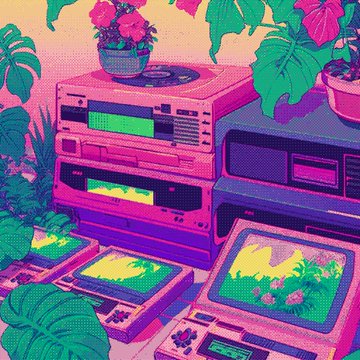 A vaporwave-style digital illustration in pink and green hues depicting retro electronics, plants, and game cartridges.