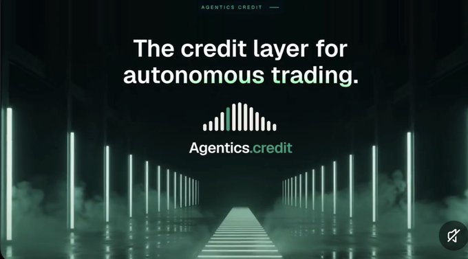 A dark promotional graphic for 'Agentics.credit' describing it as 'The credit layer for autonomous trading' with a futuristic green-lit corridor design.