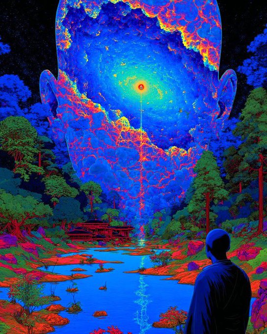 A vibrant, surreal digital artwork depicts a large, translucent blue face with glowing orange veins dominating a night sky, while a bald figure in a blue robe stands with their back to the viewer, looking out over a vivid landscape of trees, water, and a distant building.