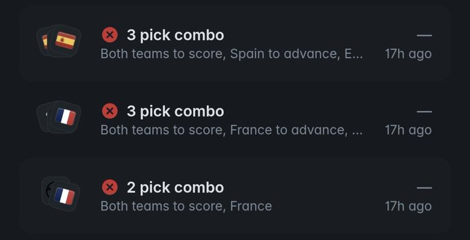A sports betting app showing failed picks: '3 pick combo' for Spain (Both teams to score, Spain to advance) and France (Both teams to score, France to advance), plus a '2 pick combo' for France, all marked with red X icons and timestamped 17h ago.