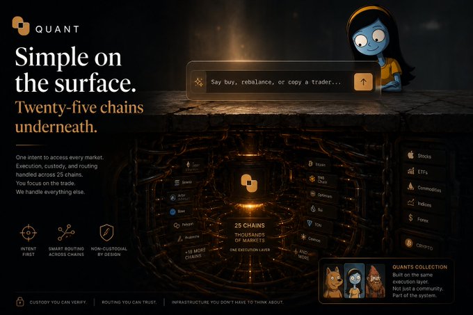 A promotional graphic for 'QUANT' advertising a trading interface that routes execution, custody, and rebalancing across 25 chains and thousands of markets with a simple command input.