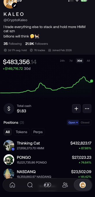 A screenshot of CryptoKaleo's Robinhood profile shows a portfolio of $483,356.14 with three open positions: Thinking Cat ($HMM) at $432,823.17 (+87.86%), PONGO at $27,023.23 (+74.64%), and NASDANQ at $23,502.09 (+141.42%). The image reflects the post's emphasis on patient stacking, as the trader continues accumulating $HMM rather than overtrading.