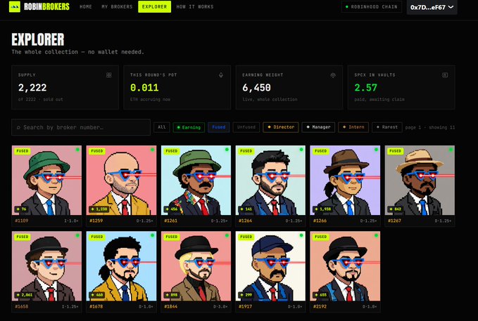 Robinhood Brokers NFT Explorer webpage showing a collection of 2,222 pixel-art characters (agents/brokers) with stats like supply, Robi pot, and earning height displayed.